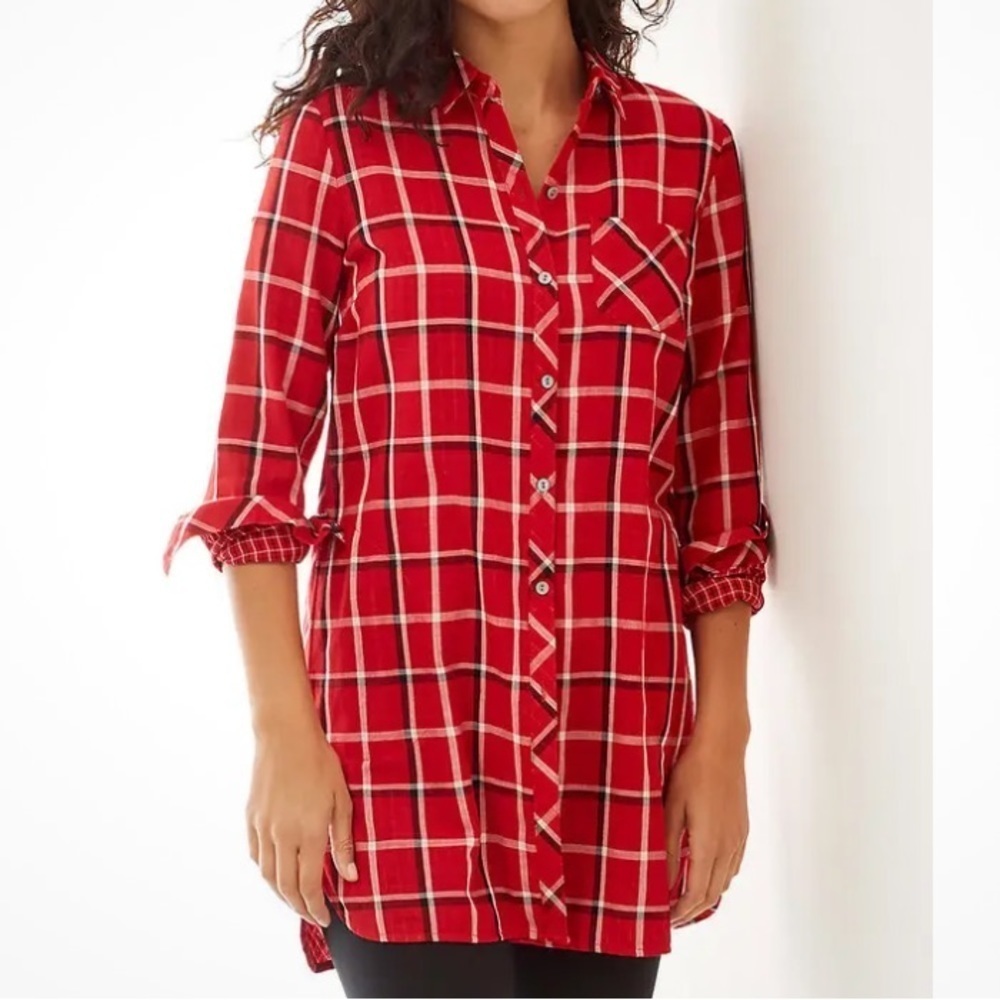 J. Jill Red Button Down Multi-Plaid Double-Cloth Long Tunic Size Medium Petite